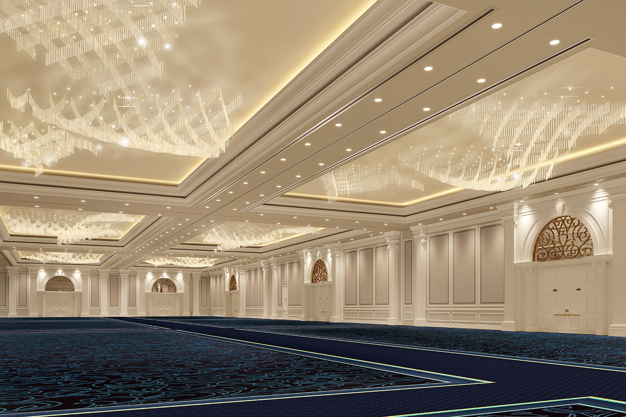 An emoty Palazzo ballroom after renovations. Beautiful lighting and Italian style decor. 